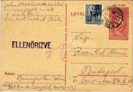 1943 Baumgarten István zsidó KMSZ (közérdekű munkaszolgálatos) tábori posta a 101/83. csongrádi tábori munkás század munkatáborból Rosenthal Mórnénak címezve. Judaika / WWII Letter from a Jewish labor serviceman to his loved ones