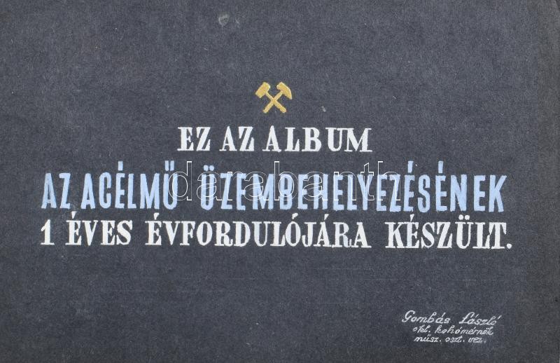 1955 A Sztálin (Dunai) Vasmű, 19 db fotó leporellószerűen kihajtható kartonon, vászon tokban, készítve az acélmű üzembe helyezésének 1 éves évfordulójára, szép állapotban, fotóméret: 9×12 cm
