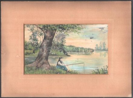 Jelzés nélkül: Pecázó fiú. Vegyes technika, karton. Paszpartuban. 12,5x21,5 cm