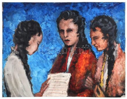 Bodnár jelzéssel (jobbra lent): Három menyecske. Olaj, papír. Lap alján apró szakadással. 43x57 cm