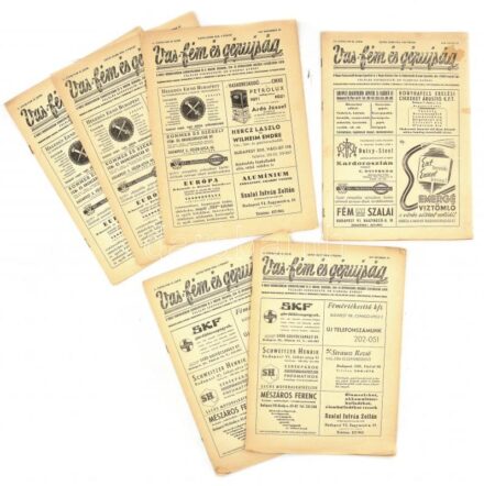 1947-1948 Vas-, fém- és gépújság 3 száma (II. évf. 43., 48. sz., III. évf. 26. sz.), két-két példányban (összesen 6 db). Bennük többek között Dr. Menyhárt László 3 tanulmánya (Az acélfélgyártmány-termelés elosztása;