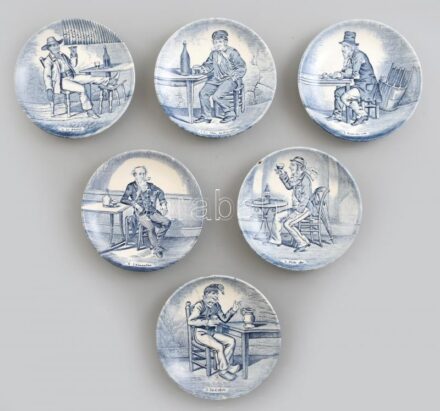Boch belga porcelán tálka (6db). Kézzel festett, jelzett, egyik ragasztott, sérült. D: 11 cm