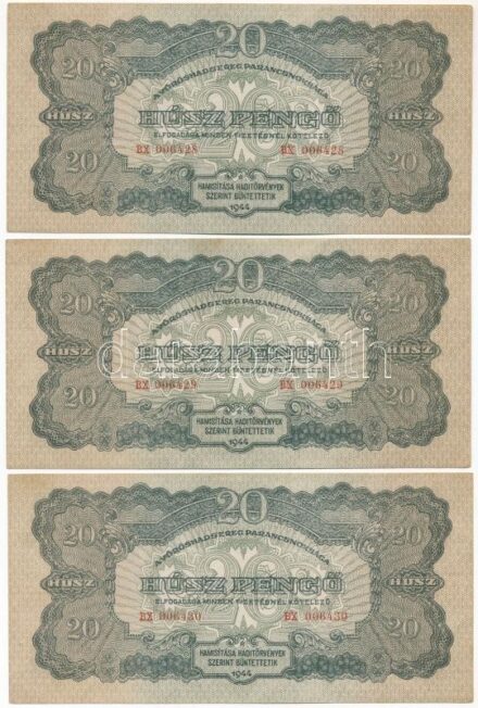 1944. 20P (3x) 'A Vöröshadsereg Parancsnoksága', 'BX 006428-006430' sorszámkövetők T:II Adamo P45