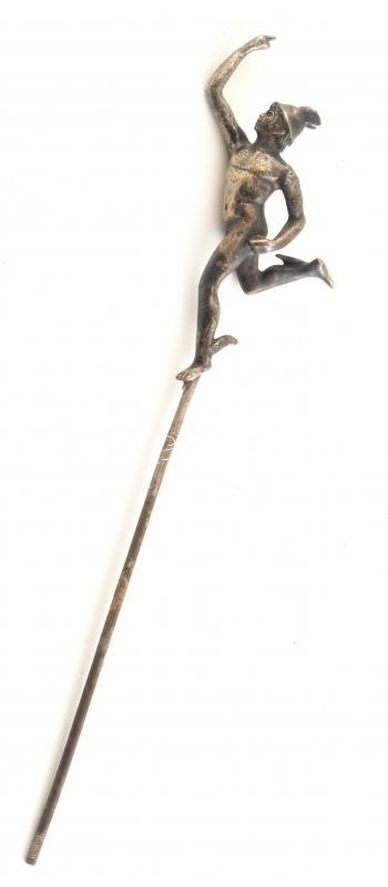 Hermész fém figura, pálcán. Kopásnyomokkal, h: 31 cm