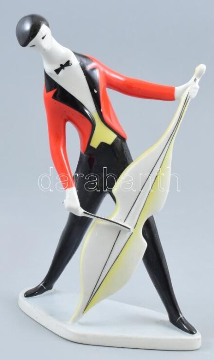 Zsolnay csellózó fiú, porcelán, jelzett, kopott, sérült, m:21cm