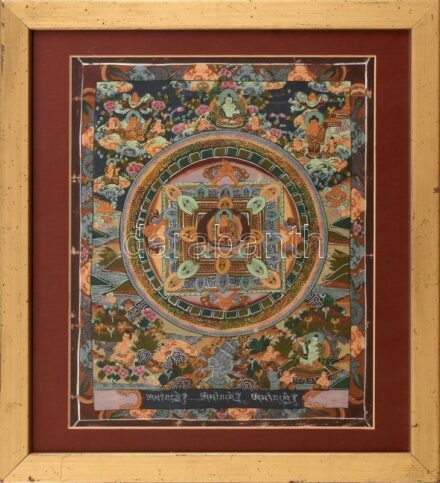 XX. század: Tibeti thangka. Üvegezett kereteben, Jelzett, apró sérülésekkel, 25x21 cm
