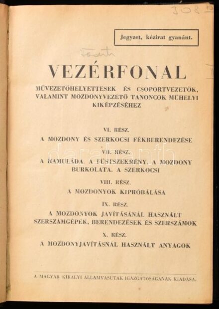 Vezérfonal művezetőhelyettesek és csoportvezetők, valamint mozdonyvezető tanoncok műhelyi kiképzéséhez. VI-X. rész. Magyar Királyi Államvasutak. Jegyzet, kézirat gyanánt. Bp., 1942, MÁV Igazgatósága. Számos fekete-fehér