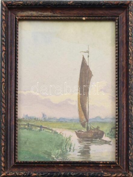 Barabás Reismann Gizella (1893-1985): Vitorlás, akvarell, papír, jelzett. Üvegezett, kissé sérült fakeretben, 16×11 cm