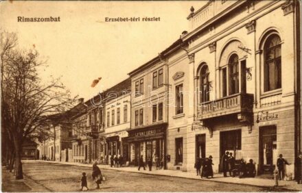 1913 Rimaszombat, Rimavská Sobota; Erzsébet tér, szálloda, étterem és kávéház, Lévai Izsó üzlete és saját kiadása / square, hotel, restaurant and café, publisher's shop (ragasztónyom / glue marks)