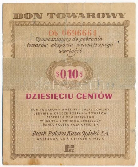 Lengyelország 1960. 10c 'Bon Towarowy' 'Db 0696664' T:III- folt, szakadás