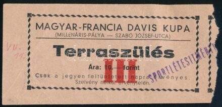 cca 1930-1940 Magyar-Francia Davis Kupa teraszülés jegy