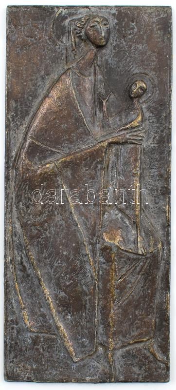 Erwin Huber (1929-2006): Modern bronz relief, Mária a kis Jézussal, emlék II. János Pál pápa ausztriai látogatására, 16×7 cm