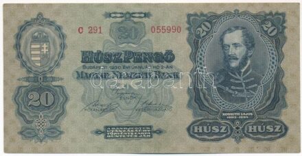 1930. 20P 'C 208 045085' T:III kis szakadás, szép papír Adamo P11