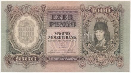 1943. 1000P 'F 088 045259' T:I nyomdai papírráncokkal Hungary 1943. 1000 Pengő 'F 088 045259' C:UNC with printing creases Adamo P21