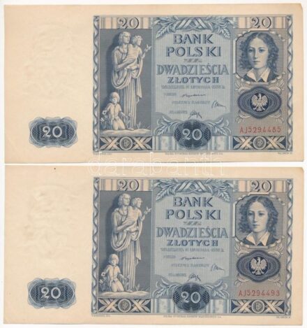 Lengyelország 1936. 20Zl (2x) közeli sorszámúak T:III Poland 1936. 20 Zlotych (2x) close serials C:F Krause P#77