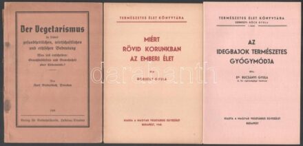 Természetes Élet Könyvtára, 6 füzet. Bp., 1946-1948, Magyar Vegetárius Egyesület. Kiadói tűzött papírkötés, vegyes állapotban (közte egy erősebben sérült). + Der Vegetarismus in seiner gesundheitlichen, wirtschaftlichen und
