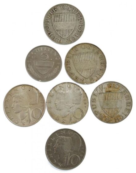 Ausztria 1957-1972. 10Sch Ag (5db, 4xklf) + 1985. 10Sch Cu-Ni + 1992. 5Sch Cu-Ni T:1--2- Austria 1957-1972. 10 Schilling Ag (5pcs, 4xdiff) + 1985. 10 Schilling Cu-Ni + 1992. 5 Schilling Cu-Ni C:AU-VF