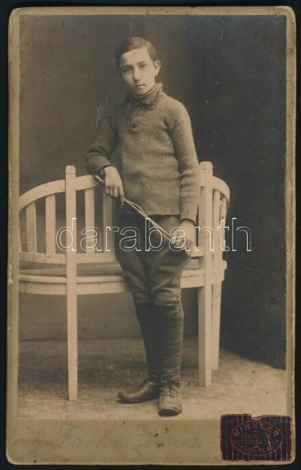 cca 1910 Fiú műtermi portréja, keményhátú fotó Winkler Wekerle-telepi műterméből, 16×10 cm