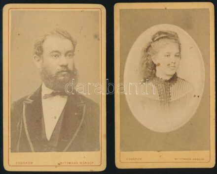 cca 1870 Női portré, porcelánkép utánzatú keményhátú fotó és egy férfiportré Wittmann komáromi műterméből, 10×6 cm