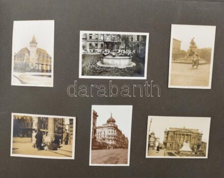cca 1930 Vegyes témájú fotókat tartalmazó fotóalbum, városképek, szőlőhegy, vízimalom, cigányok, balatoni strand, vegyes méretű fotókkal