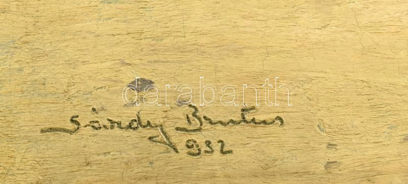 Sárdy Brutus (1892-1970): Napfényes Dunapart, 1932. Olaj, vászon, kartonon. Jelzett. Kiállítva: Téli kiállítás, Műcsarnok, Bp., 1932. Hátoldalán a kiállítás raglapjával. 41x53 cm. - Image 2
