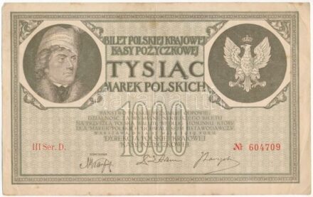 Lengyelország 1919. 1000M 'D 604709' T:III folt, kis szakadás Poland 1919. 1000 Marek 'D 604709' C:F spotts, small tear Krause P#22