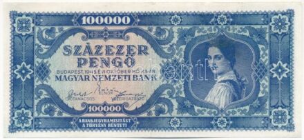 1945. 100.000P kék színű, zöld 'MNB' bélyeg nélkül, de a bélyeg nyoma kivehető, 'M 031 0645874' T:III restaurált Hungary 1945. 100.000 Pengő blue color, without green 'MNB' stamp but with the visible gluemark of the stamp,'M 031
