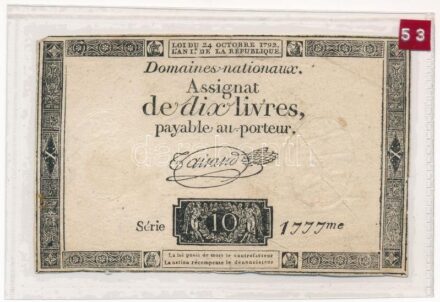 Franciaország 1792. 10L 'Assignata' vízjellel és szárazpecséttel '1777' T:III- folt, kis szakadás, ragasztónyom, a szárazpecsét lekopott France 1792. 10 Livres 'Assignat' with watermark and embossed stamp '1777' C:VG spot, small tear,
