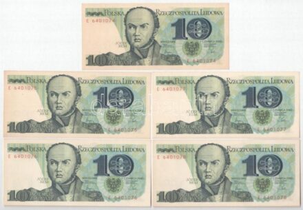 Lengyelország 1982. 10Zl (5x) 'E 6401074-6401078' sorszámkövetők T:II Poland 1982. 10 Zlotych (5x) 'E 6401074-6401078' consecutive serials C:XF Krause P#148