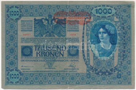 Ausztria 1919. (1902) 1000K, 2. kiadás, vízszintes 'DEUTSCHÖSTERREICH' felülbélyegzéssel, mindkét oldal német, eltérő hátlappal T:III hajtások mentén szakadások, de ettől eltekintve szép papír Austria 1919. (1902) 1000 Kronen, 2nd