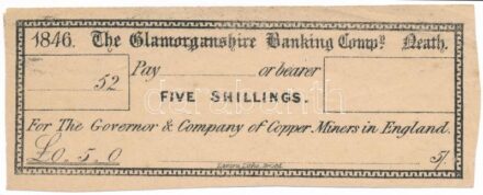 Nagy-Britannia / Glamorganshire 1846. 'The Glamorganshire Banking Comp.' kitöltetlen váltó 5 shillingről T:III kis folt Great Britain / Glamorganshire 1846. 'The Glamorganshire Banking Comp.' unfilled bill of exchange for 5 Shillings C:F small