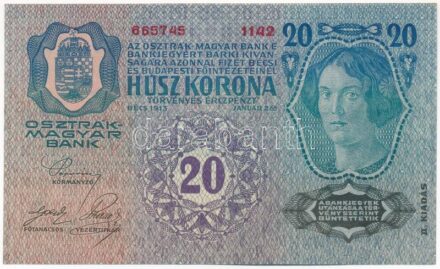 1913. 20K II. kiadás piros 'DEUTSCHÖSTERREICH' felülbélyegzéssel, '1142 665745' T:I,I- Hungary 1913. 20 Korona 2nd issue, with red 'DEUTSCHÖSTERREICH' overprint, '1142 665745' C:AU Adamo K18B