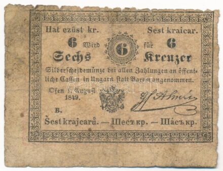 1849. 6kr 'Almásy', 'B' sorozat T:III- Hungary 1849. 6 Kreuzer 'Almásy', with 'B' prefix C:VG Adamo G100
