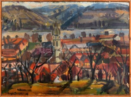 Uhrig Zsigmond (1919-1993): Nagymaros. Tempera, farost, jelzett, hátoldalán autográf felirattal, sérült. Fakeretben, 60×82,5 cm