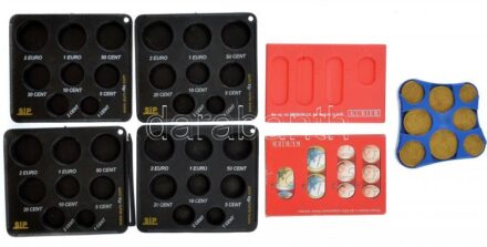 7db-os, 3 klf fajta euró éremtartó tétel: 3db műanyag és 4db gumis anyagú Euro és Euro Cent tartó tok. Mind használt, de jó állapotban