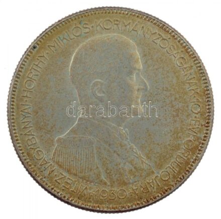 1930. 5P Ag 'Horthy jobbra' hajas T:1- patina, kis karc Adamo P8