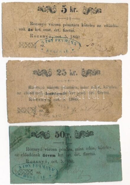 Rozsnyó 1860. 5kr 'Rozsnyó város pénztára, mint adós' + 25kr 'Rozsnyó város pénztára', szövegben: 'mint adós' + 1860. 50kr 'Rozsnyó városa pénztára, mint adós' T:III-,IV 50kr ragasztott Adamo ROZ-3.1.2, ROZ-3.2.2, ROZ-3.3.2