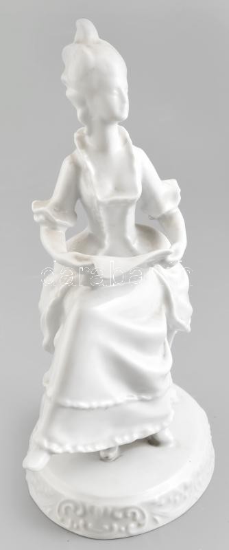 Hollóházi rokokó hölgy porcelán figura, fehér mázas, jelzés nélkül, kopásnyomokkal, m: 25 cm