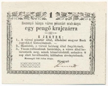 Rozsnyó 1849. július 16. 1kr 'Rozsnyó bánya város pénztári utalványa' kitöltetlen, vastag fehér papíron T:I- Adamo ROZ-1.1.1
