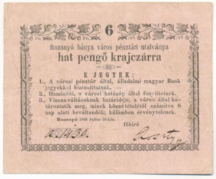 Rozsnyó 1849. július 16. 6kr 'Rozsnyó bánya város pénztári utalványa' T:III Hungary / Rozsnyó 16.07.1849. 6 Kreuzer 'Rozsnyó bánya város pénztári utalványa (Cashier's Coupon of Mine Town of Roznava)' C:F Adamo ROZ-1.3