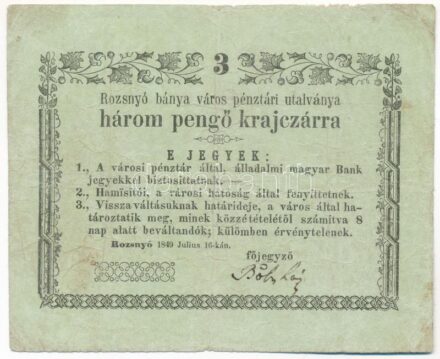 Rozsnyó 1849. július 16. 3kr 'Rozsnyó bánya város pénztári utalványa' T:III Hungary / Rozsnyó 16.07.1849. 3 Kreuzer 'Rozsnyó bánya város pénztári utalványa (Cashier's Coupon of Mine Town of Roznava)' C:F Adamo ROZ-1.2