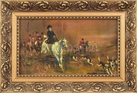 Rádóczy Gyarmathy Gábor (1943-): Vadászat. Olaj, karton. Jelzett. Sérült. Dekoratív fakeretben. 16×28 cm