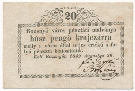 Rozsnyó 1849. 20kr 'Rozsnyó város pénztári utalványa' T:III Hungary / Rozsnyó 1849. 20 Kreuzer 'Rozsnyó bánya város pénztári utalványa (Cashier's Coupon of Mine Town of Roznava)' C:F Adamo ROZ-2.1