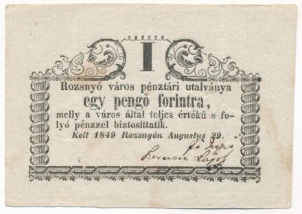 Rozsnyó 1849. 1Ft 'Rozsnyó város pénztári utalványa' T:III ly. Hungary / Rozsnyó (Rožňava) 1849. 1 Forint 'Rozsnyó város pénztári utalványa' C:F hole Adamo ROZ-2.2
