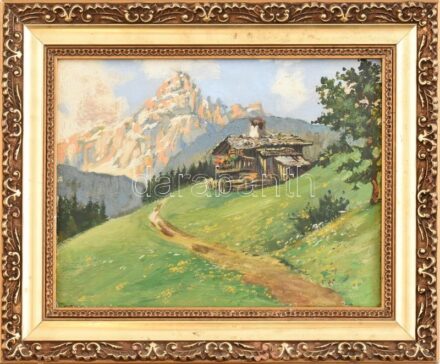 Olvashatatlan jelzéssel: Alpesi táj. Olaj, falemez. Dekoratív fa keretben. 17x22 cm