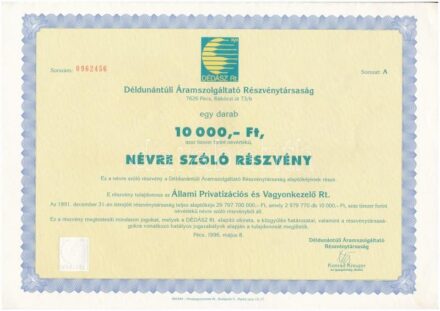 Pécs 1996. 'Déldunántúli Áramszolgálgáltató Részvénytársaság' részvénye 10.000Ft-ról szelvényekkel T:II