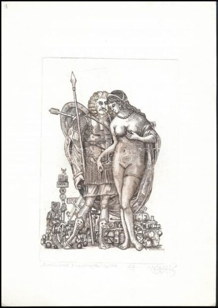 Vén Zoltán (1941- ): Zrínyi Milkós, pajzán erotikus rézkarc, papír, jelzett, 20x13,5 cm