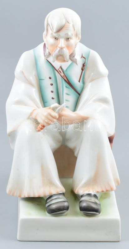 Zsolnay porcelán szalonnázó paraszt, kézzel festett, jelzett, hibátlan, m: 35 cm