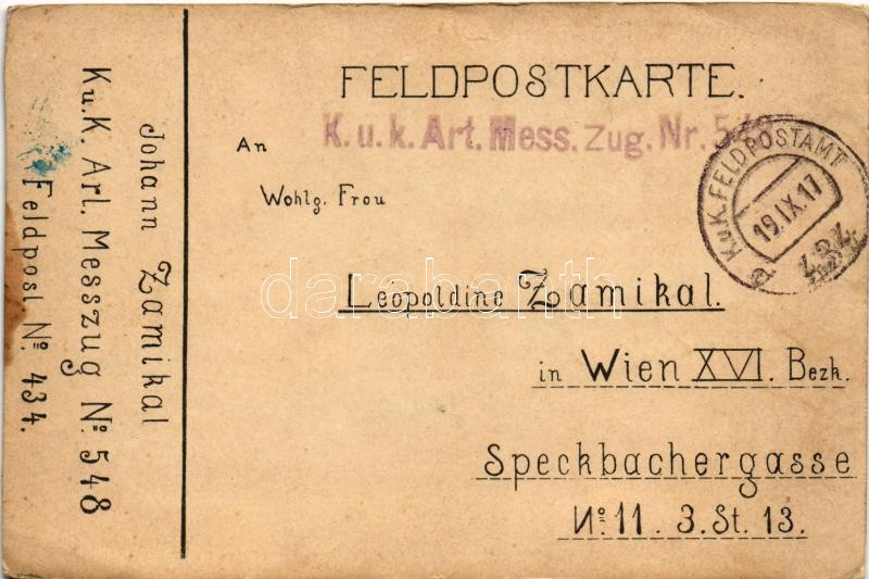1917 Feldpostkarte / WWI Austro-Hungarian K.u.K. military field postcard + 'K.u.K. Art. Mess. Zug. Nr. 548' (vágott / cut) - Image 2