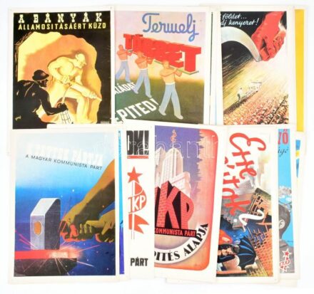 cca 1980 20 db 1945-1950 közti kommunista plakát reprodukciója, szélein tűfoltok, 33x24 cm